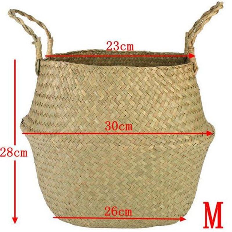 Folding Flower Pot Plant Straw Storage Seagrass Baskets Flower Vase Handmade Hanging Basket Flower Home Decor - Statnmore-7861