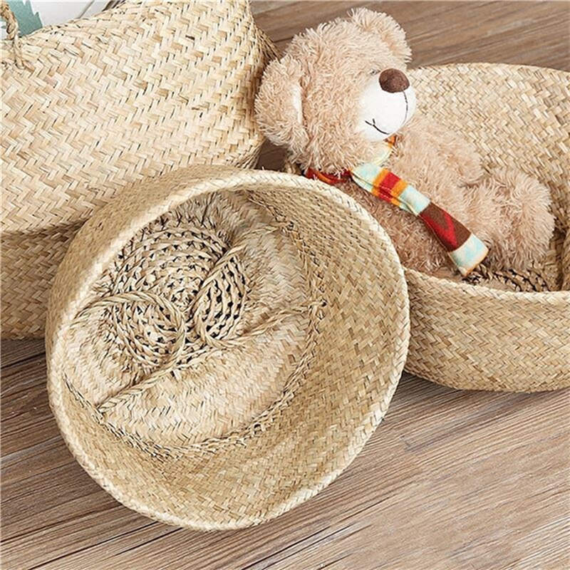 Folding Flower Pot Plant Straw Storage Seagrass Baskets Flower Vase Handmade Hanging Basket Flower Home Decor - Statnmore-7861