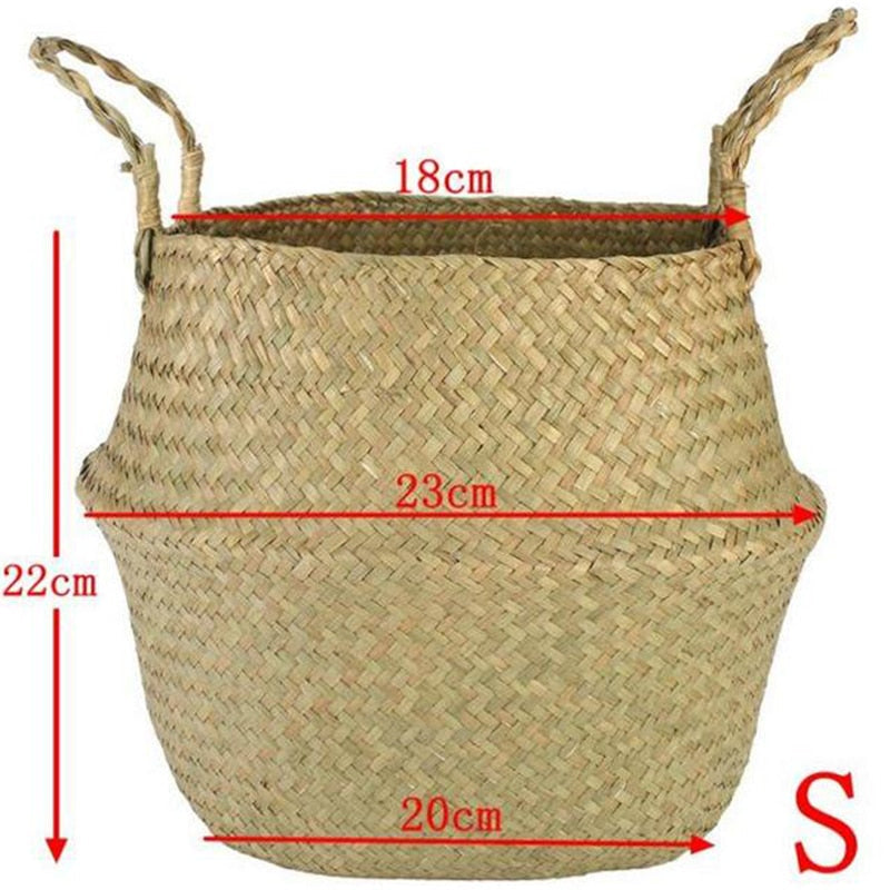 Folding Flower Pot Plant Straw Storage Seagrass Baskets Flower Vase Handmade Hanging Basket Flower Home Decor - Statnmore-7861